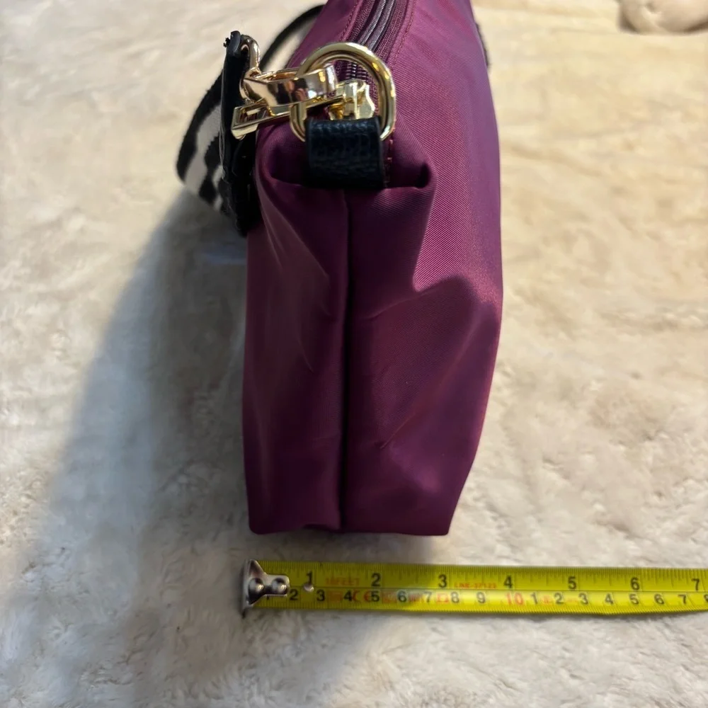 Nylon Crossbody Bag Purple Black White Striped Strap Gold-tone Hardware Zip Top